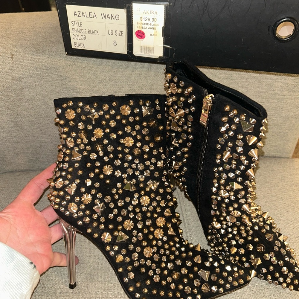 Azalea Wang Black and Gold Studded Heeled Boots